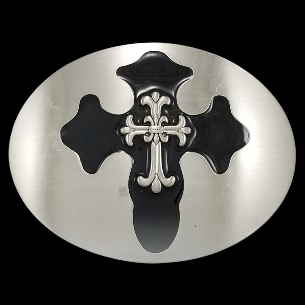 Silver & Black Oval Cross Belt Buckle Western Religious‎ Gothic